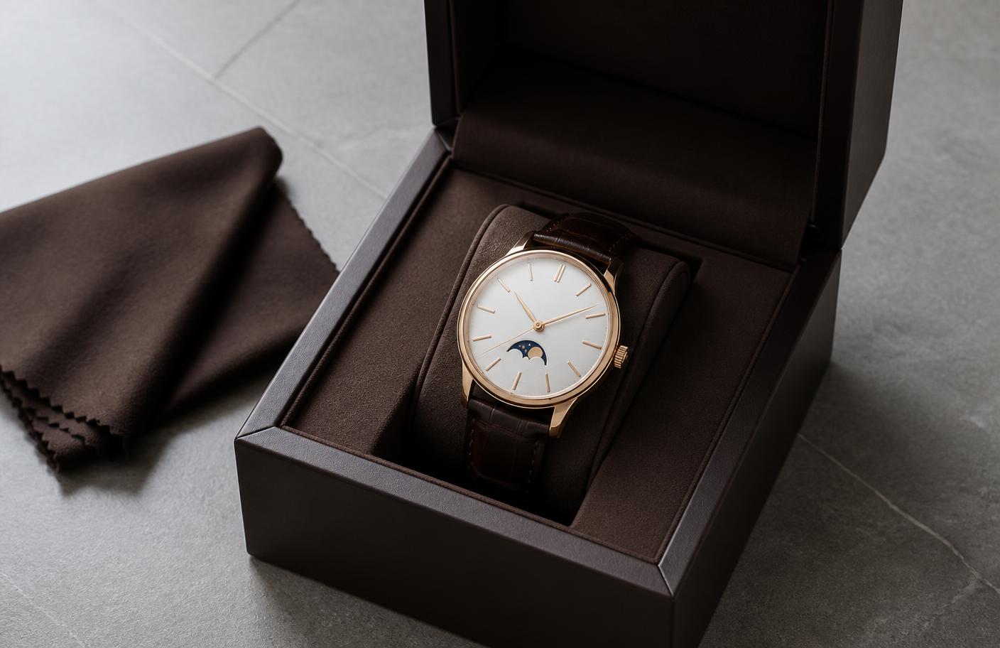 Reloj mecánico en acabado oro rosa dentro de un estuche de presentación oscuro abierto con paño de pulido
